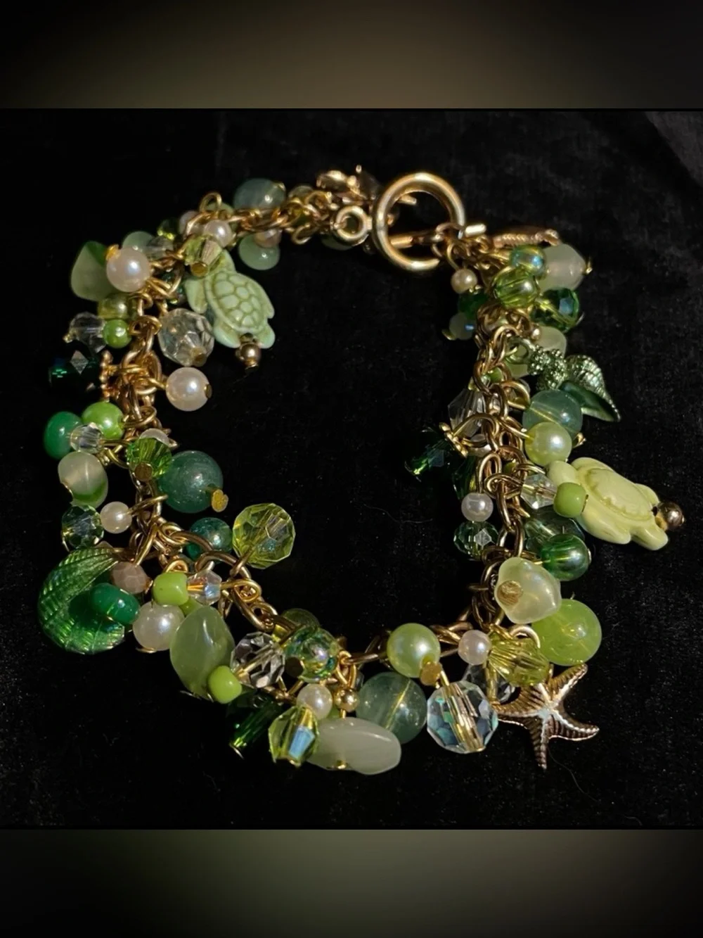 Green Ocean Themed Gold Link Charm Bracelet